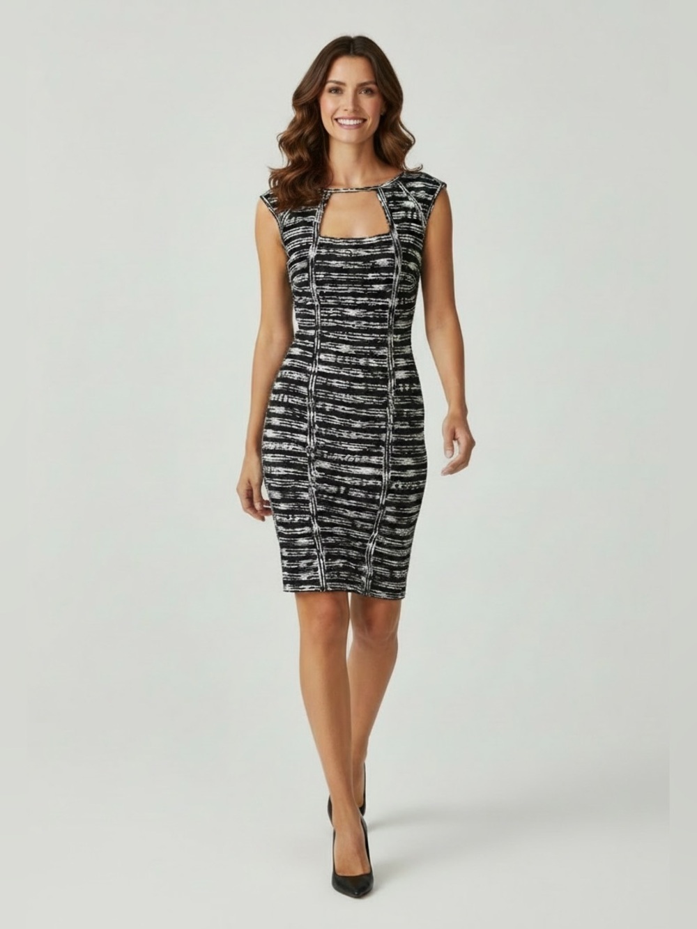 Cache Striped Cut Out Slimming Sheath Dress Black White XS 2